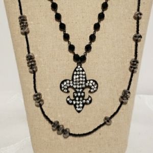 double strand black goth necklace Fleur de Lys